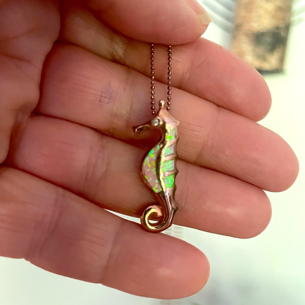 Rose gold and Opal inlay seahorse pendant with rose gold chain